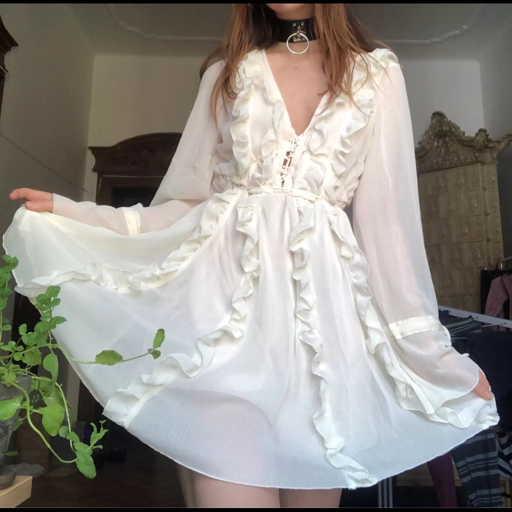 Dress lace up ruffle chic summer spring cream womens lace up - Picture 9 of 15